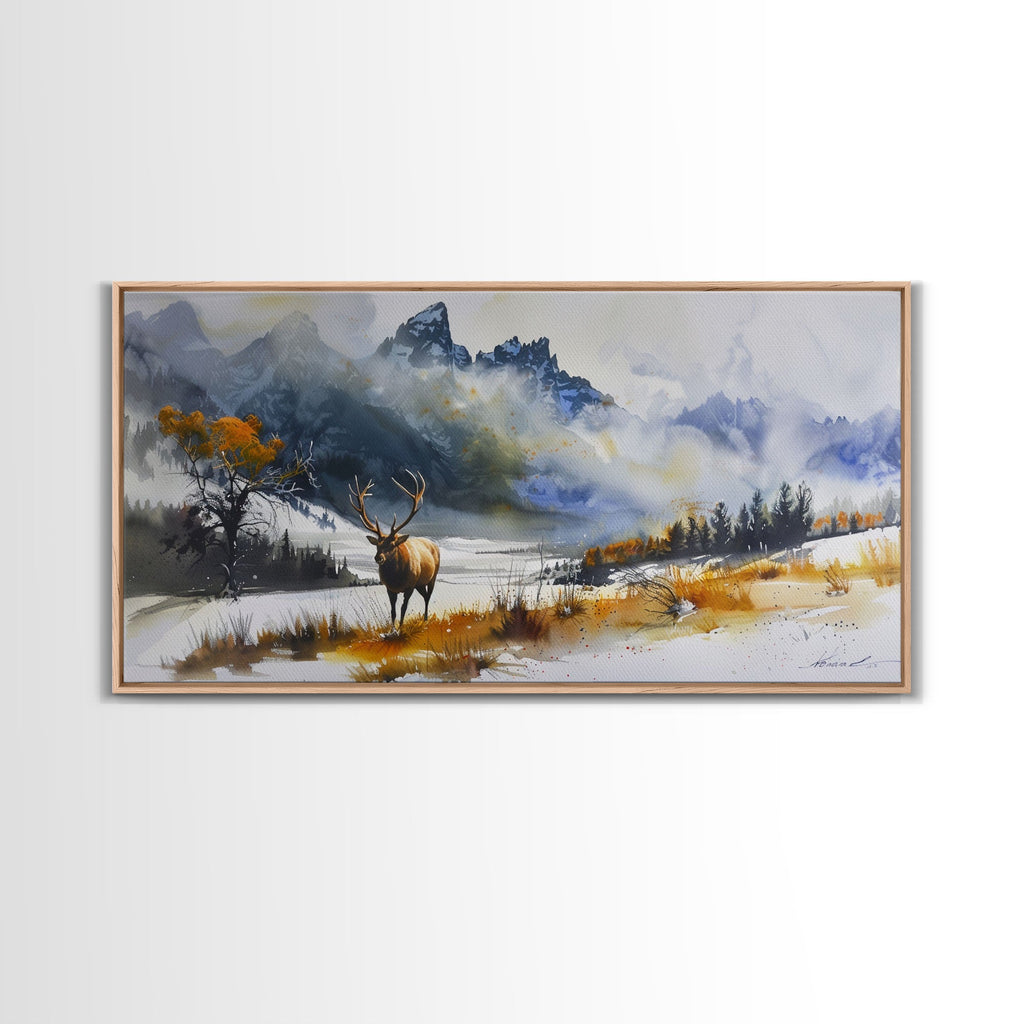 Majestic Elk in Snowy Mountain Scene, Beautiful Framed Canvas Print,for Living Room Art Rustic Bedroom Decor Nature Wall Art, Wildlife Scene