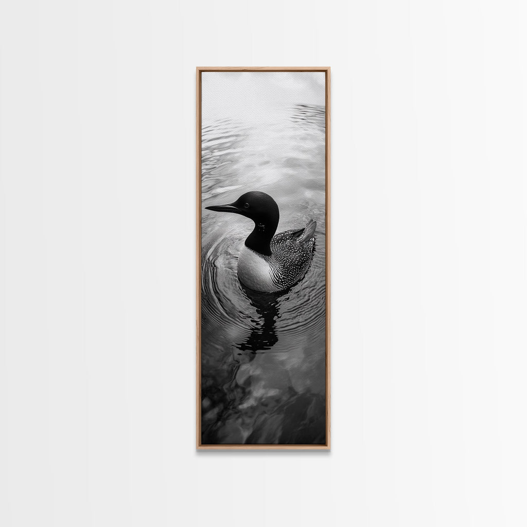 Water Loon, Lake Bird, Floating Wildlife, Nature Stillness, Serene Waterfowl Framed Canvas Print, Cabin Wall Art Rustic Lakehouse Decor