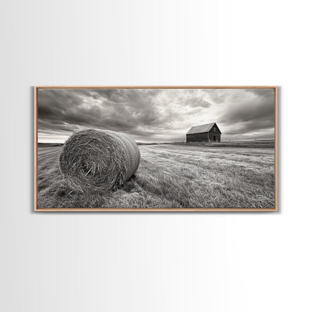 Barn Field, Hay Bale, Rural Farmland Scene, Autumn Countryside Art, Canvas Print, Farmhouse Wall Decor, Rustic Fall Living Room Art