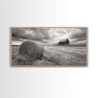 Barn Field, Hay Bale, Rural Farmland Scene, Autumn Countryside Art, Canvas Print, Farmhouse Wall Decor, Rustic Fall Living Room Art
