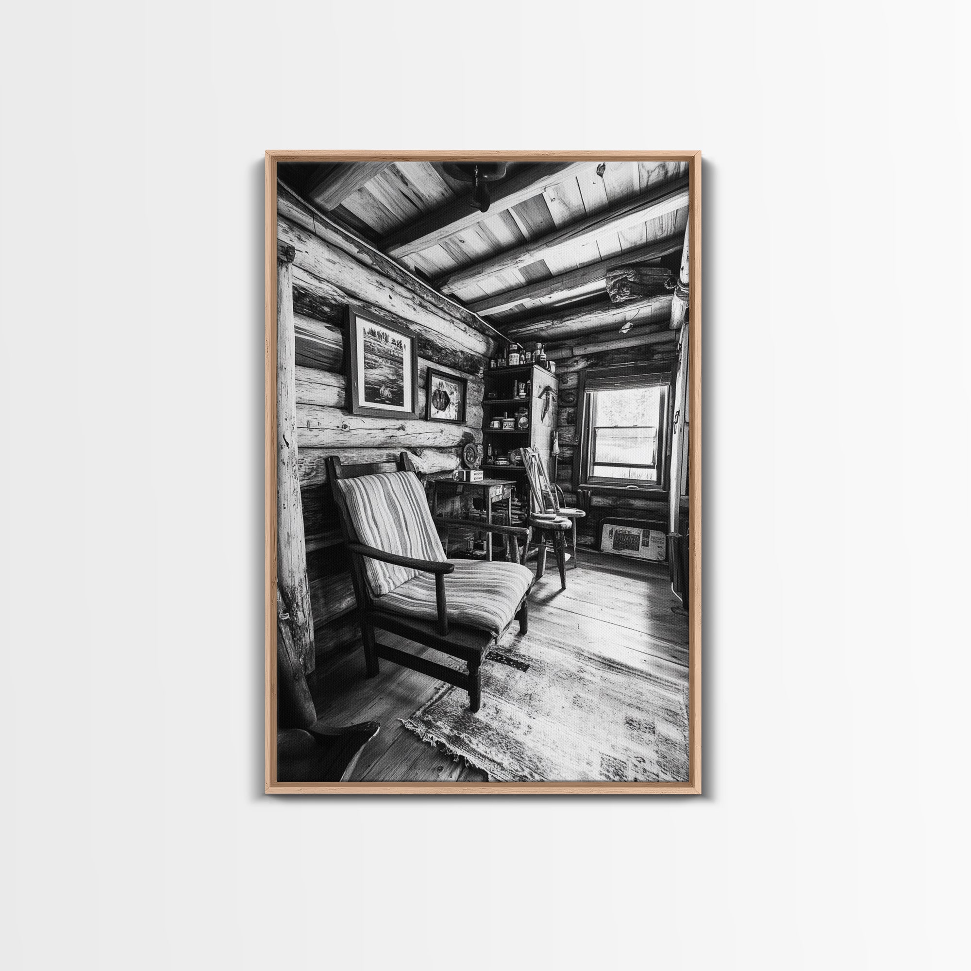 Cabin Interior View, Rustic Living Space, Cozy Homestead Scene, Framed Canvas Print, Farmhouse Wall Art, Country Cottage Decor
