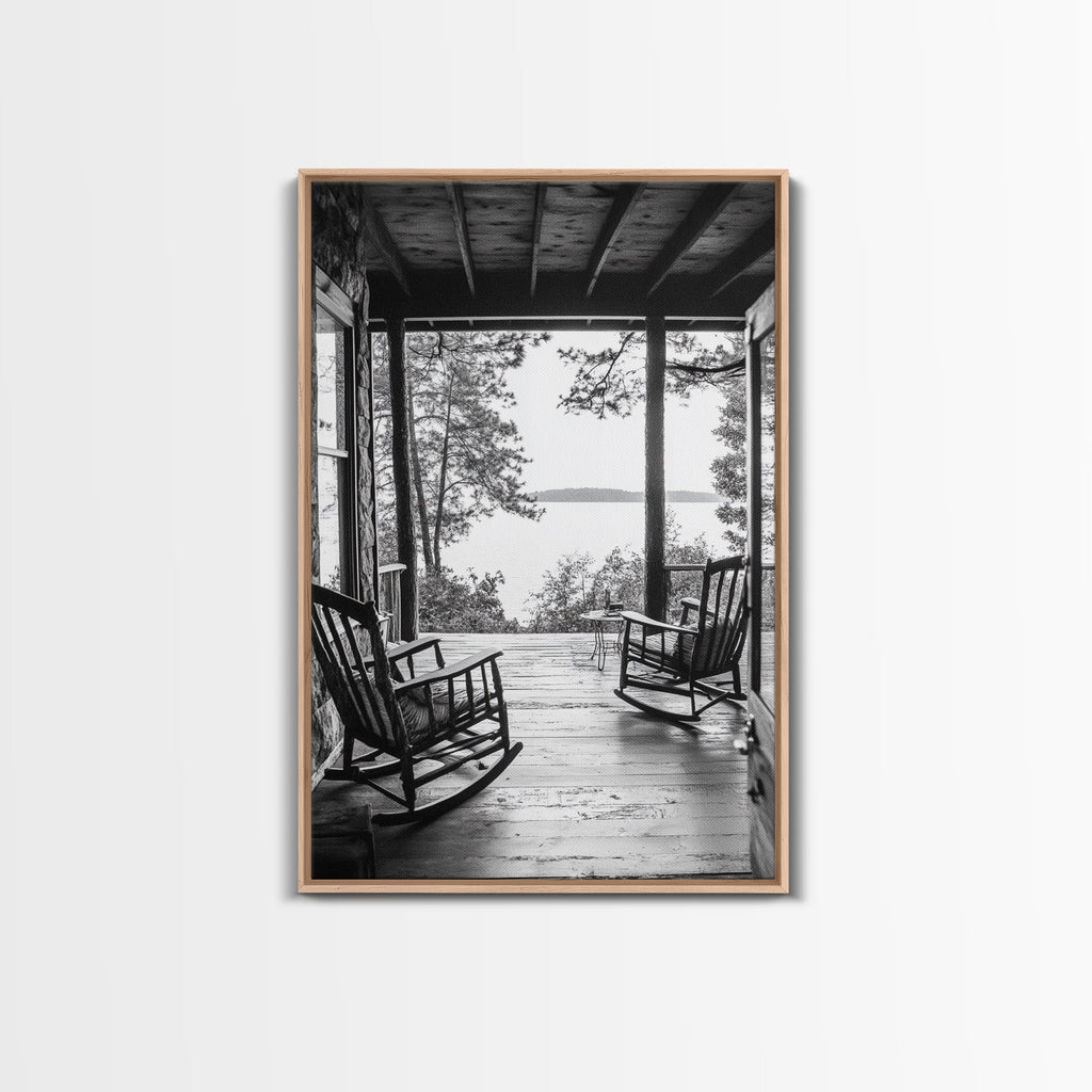Rustic Porch View, Cabin Serenity, Lakefront Rocking Chairs, Framed Canvas Print, Farmhouse Wall Art, Living Room Decor, Fall Home Style