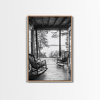 Rustic Porch View, Cabin Serenity, Lakefront Rocking Chairs, Framed Canvas Print, Farmhouse Wall Art, Living Room Decor, Fall Home Style
