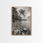 Pine Shoreline Landscape, Calm Water Trees, Autumn Mood, Canvas Print, Rustic Cabin Wall Art, Bedroom Nature Decor, Earthy Photography