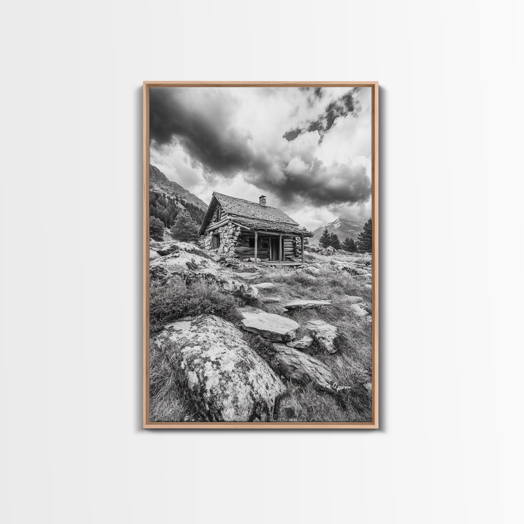 Rustic Cabin, Mountain Hideaway, Stormy Sky, Nature Lodge Decor, Framed Canvas Print, Autumn Vibes, Cozy Wall Art, Rustic Home Style