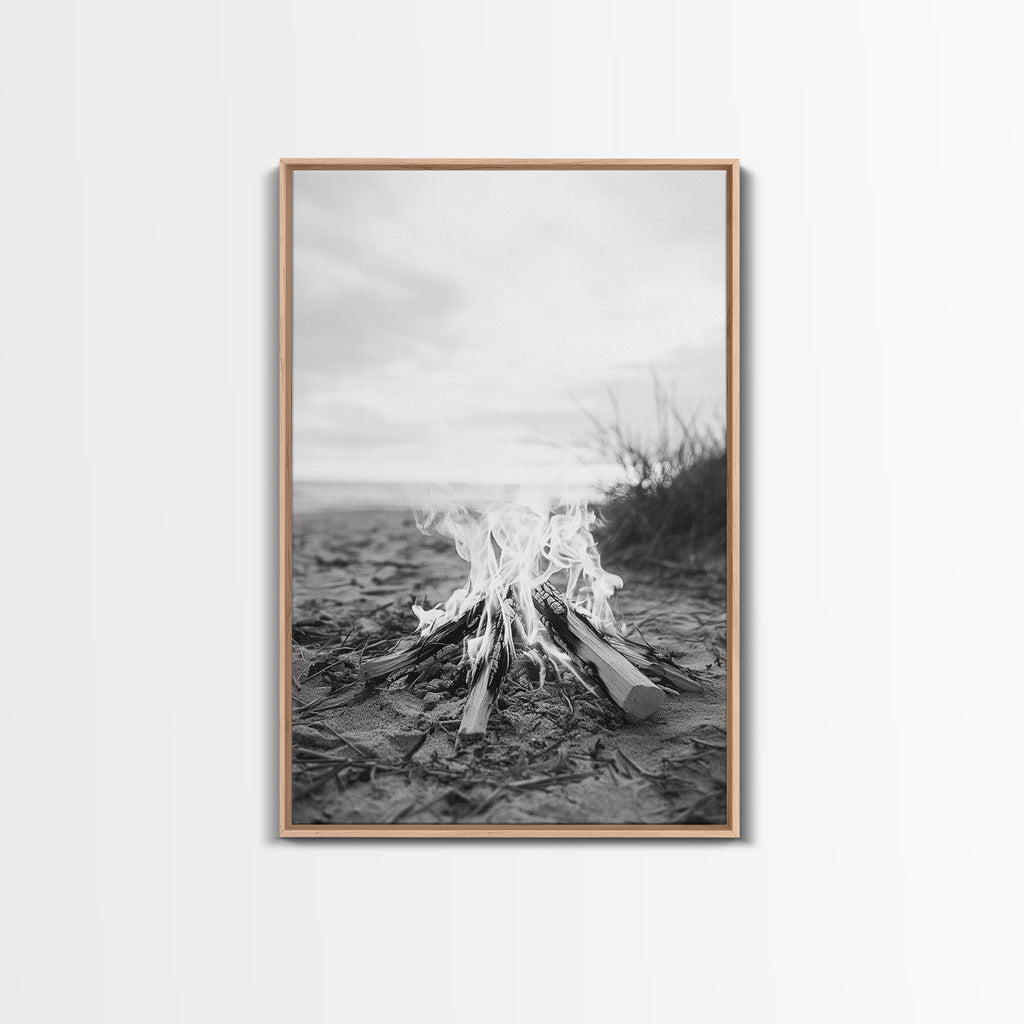 Campfire, Beach, Smoke, Glow - Cozy outdoor scene with flickering flame, Canvas Print, perfect rustic cabin or camping decor, Autumn Wall Art