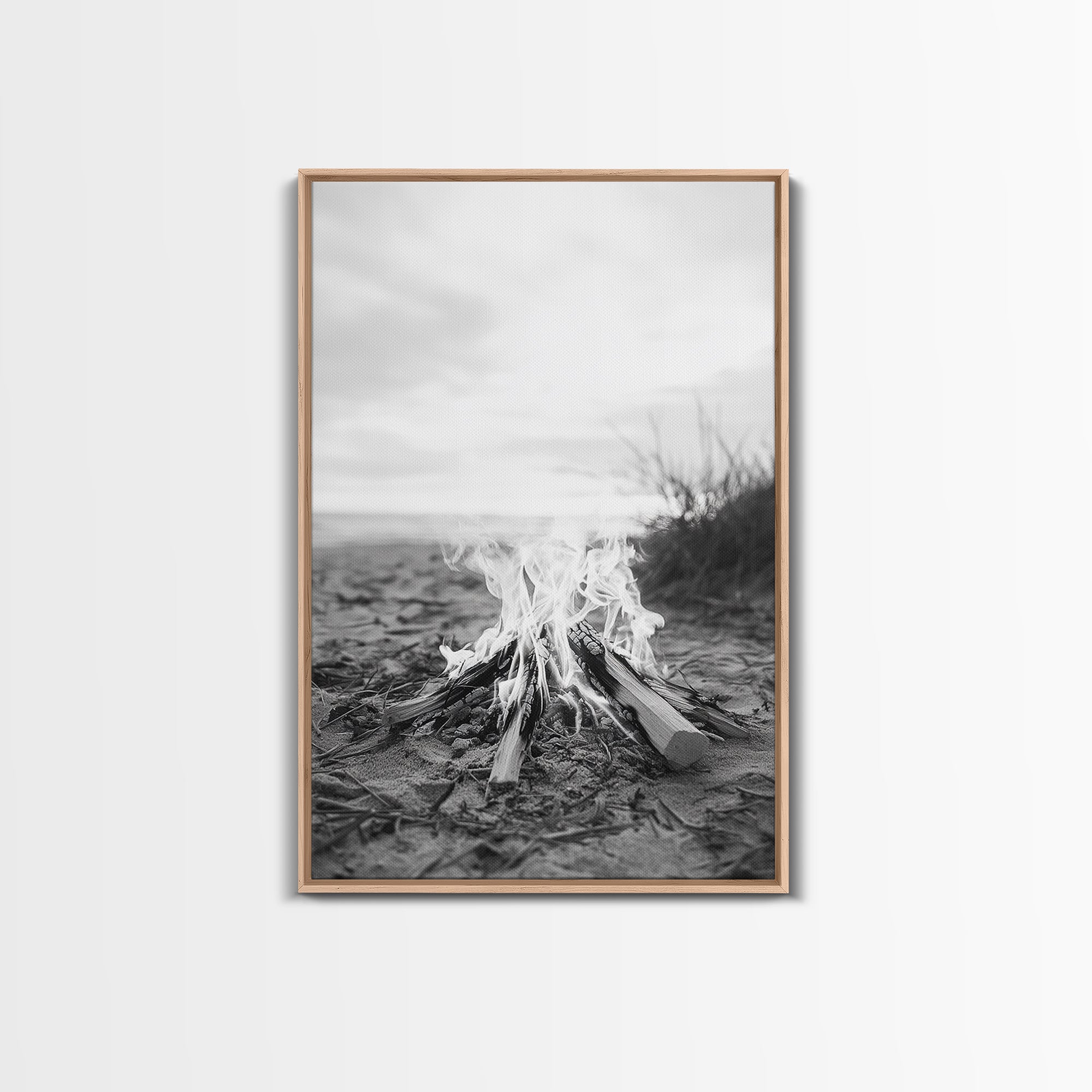 Campfire, Beach, Smoke, Glow - Cozy outdoor scene with flickering flame, Canvas Print, perfect rustic cabin or camping decor, Autumn Wall Art