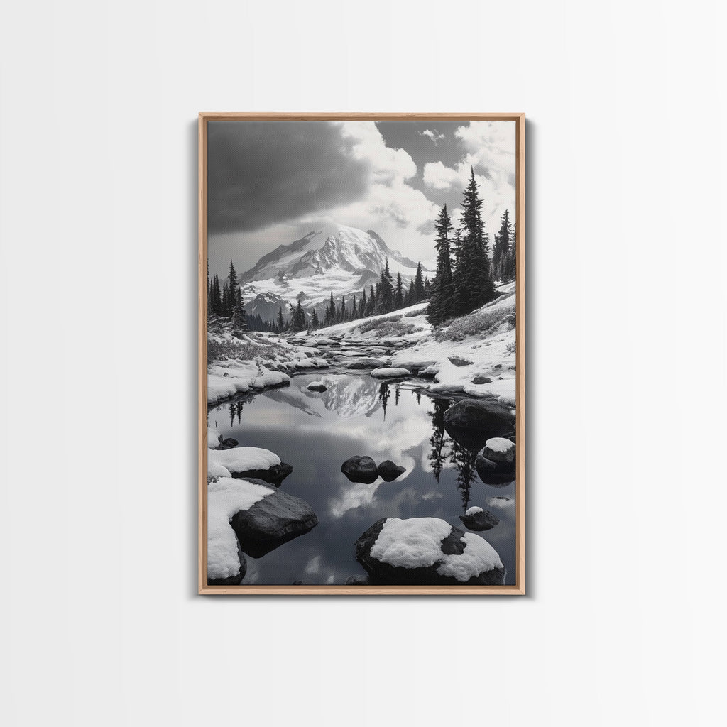 Snowy Mountain, Winter Landscape, Reflection Lake, Canvas Print, Black and White Nature Art, Cabin Wall Art, Adventure Photography