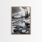 Snowy Mountain, Winter Landscape, Reflection Lake, Canvas Print, Black and White Nature Art, Cabin Wall Art, Adventure Photography