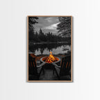 Campfire Chairs Lake, Autumn Firepit Scene, Rustic Retreat, Cabin Escape, Framed Canvas Print, cozy wall art, man cave cabin decor