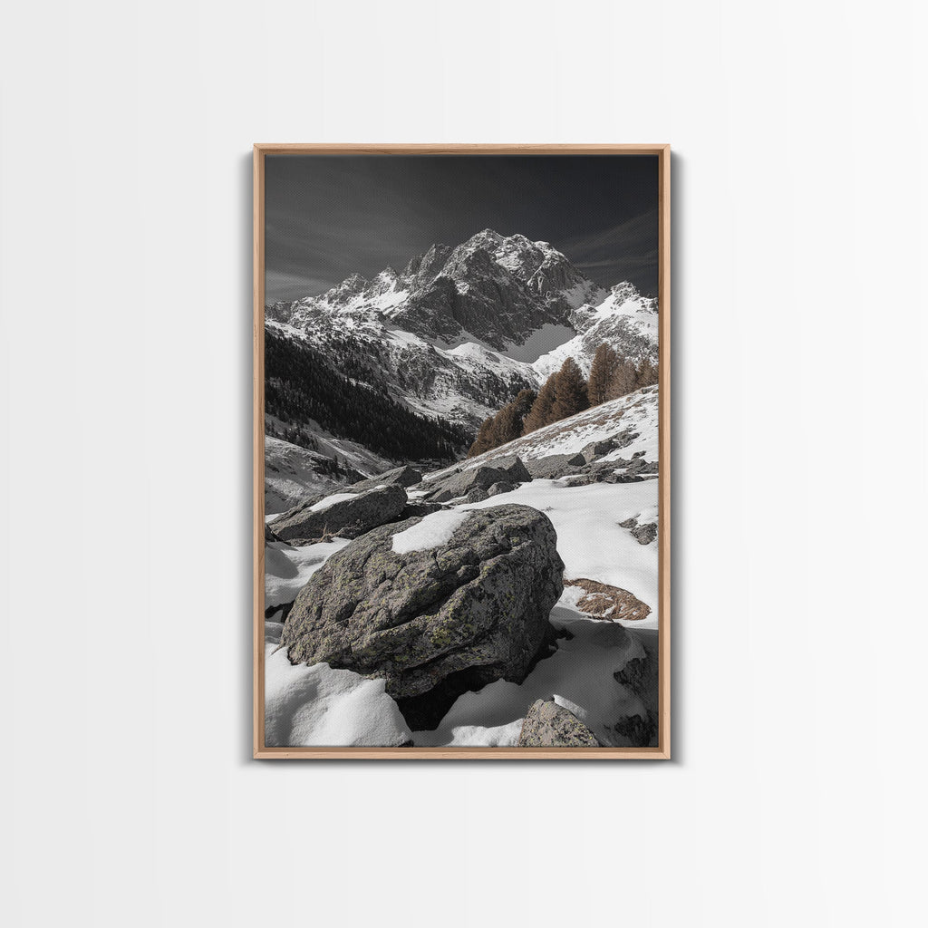 Snowy Alpine Scene, Winter Mountainscape, Nature Photography, Framed Canvas Print, Lodge Wall Art, Cabin Decor, Black and White Art