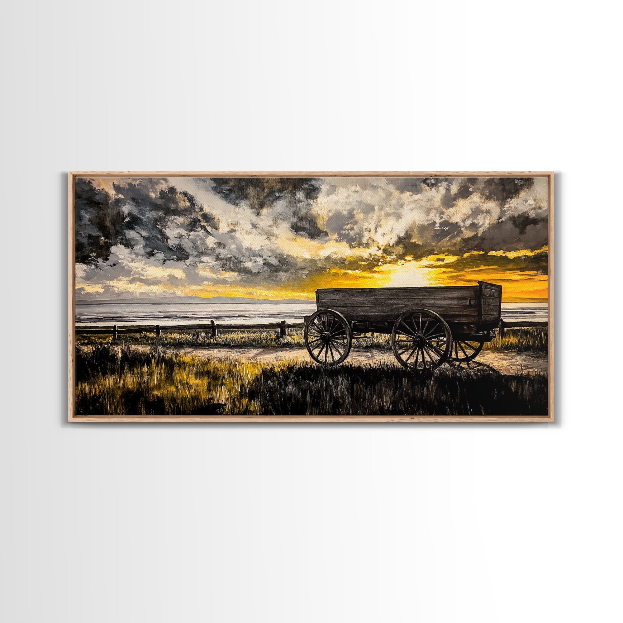 Wooden Wagon, barn landscape oil painting, rustic wall art, farmhouse art, vintage decor, extra wide art, framed canvas print, panoramic art
