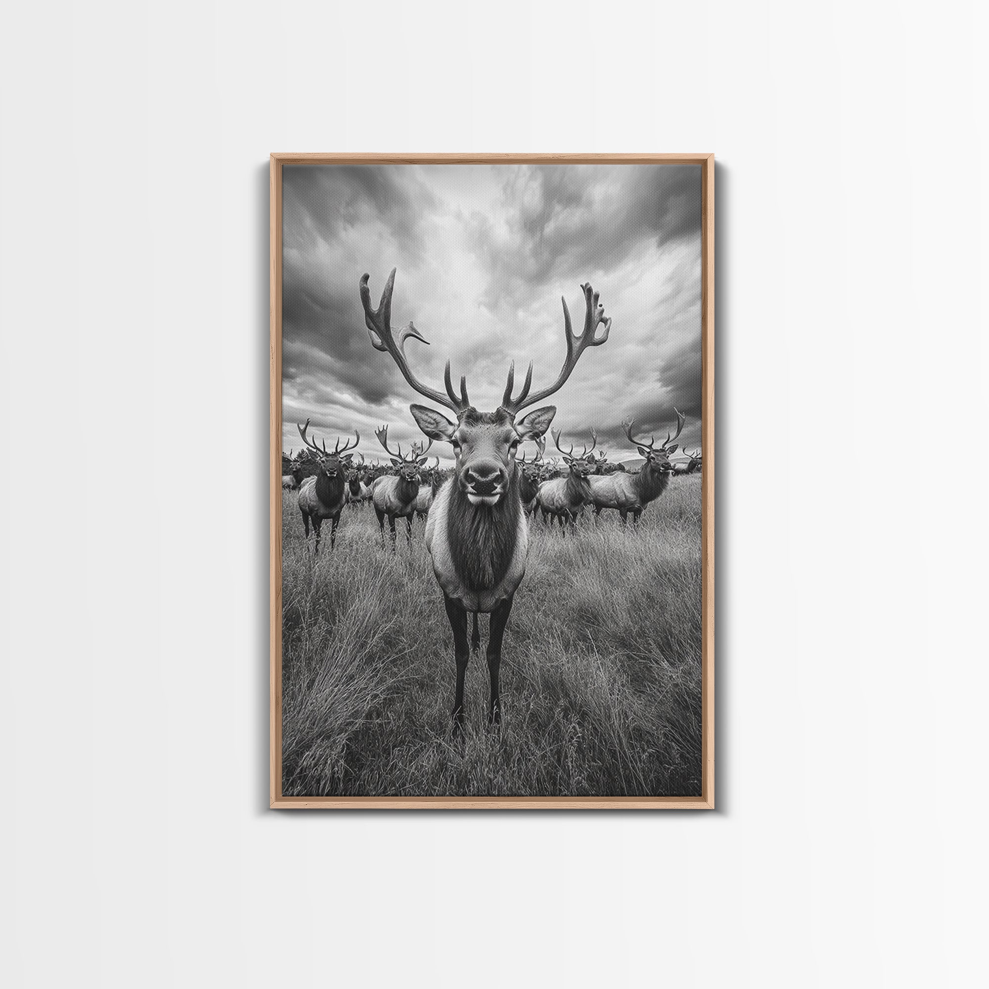 Elk in a Field, deer drinking water in forest painting, wildlife painting, rustic decor, cabin art, vintage Christmas, framed canvas print