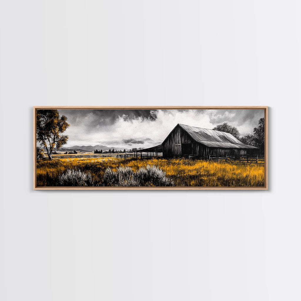 Western Ranch, barn landscape oil painting, rustic decor, farmhouse art, extra wide art, framed canvas print, above couch wall art
