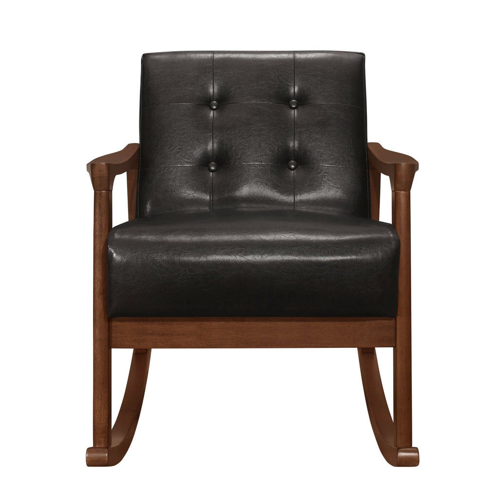 1pc Rocking Chair Dark Brown Faux Leather Upholstery Button Tufted Solid Wood Furniture