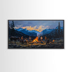 Framed Canvas Print Western Cowboys Campfire Evening Art Landscape Rustic Winter Mountain Home Decor Extra Large Wall Art Gift