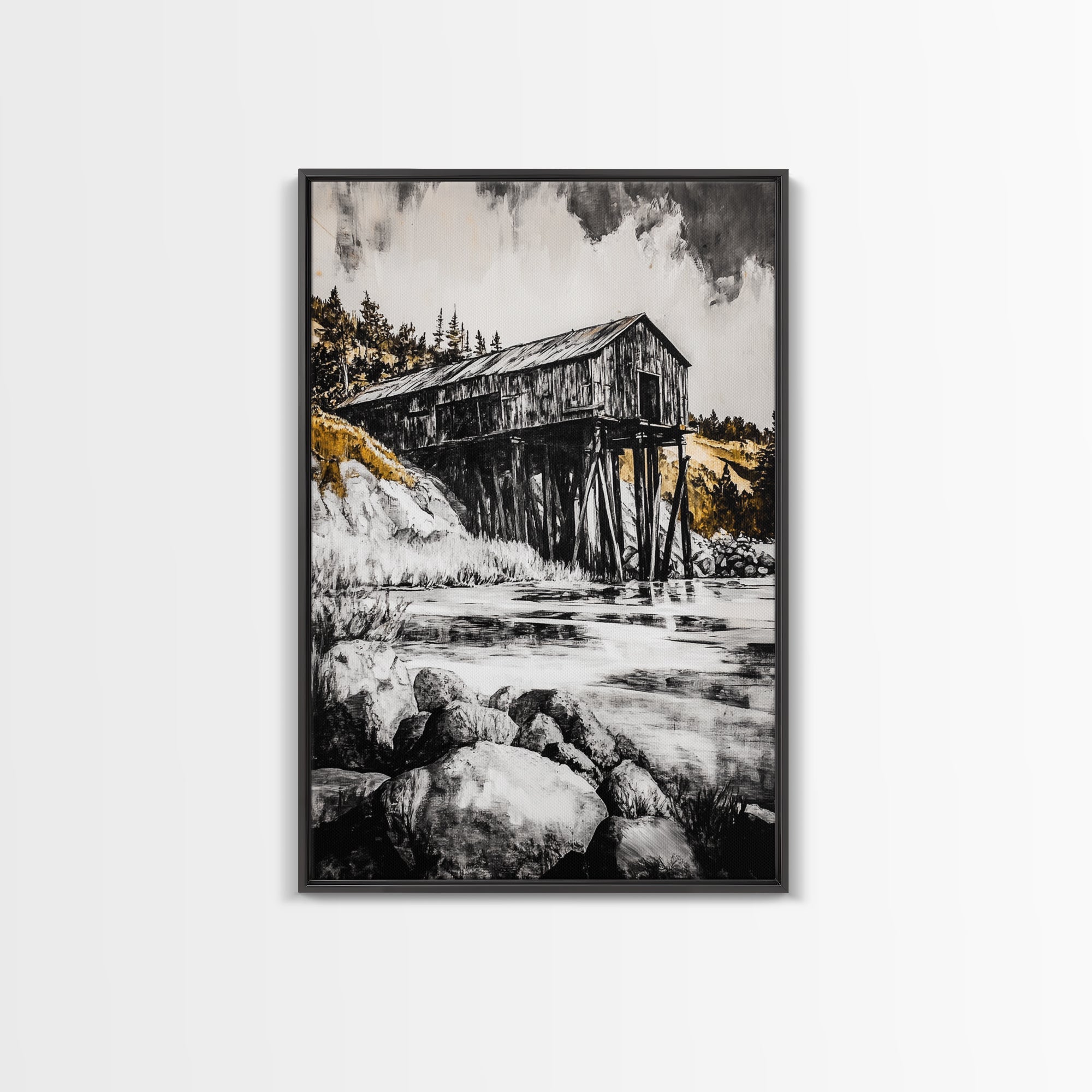 Rustic Barn, Countryside Art, Farmhouse Wall Decor, Vintage Landscape, Black and White Art, Cabin Wall Art, Homestead Vibes, Canvas Print