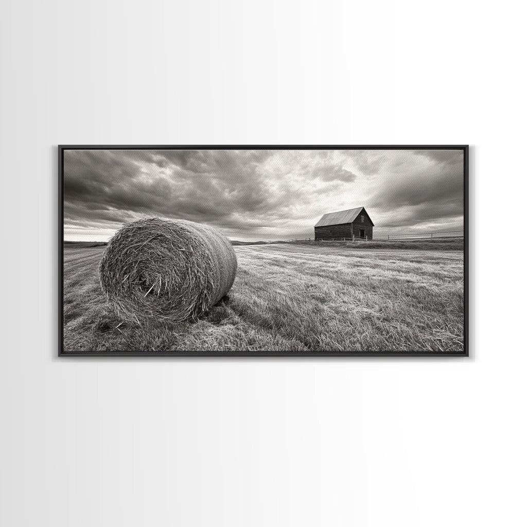 Barn Field, Hay Bale, Rural Farmland Scene, Autumn Countryside Art, Canvas Print, Farmhouse Wall Decor, Rustic Fall Living Room Art