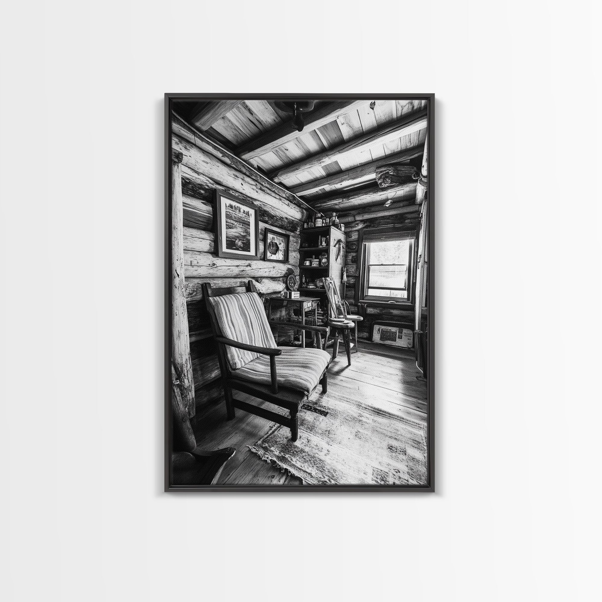 Cabin Interior View, Rustic Living Space, Cozy Homestead Scene, Framed Canvas Print, Farmhouse Wall Art, Country Cottage Decor