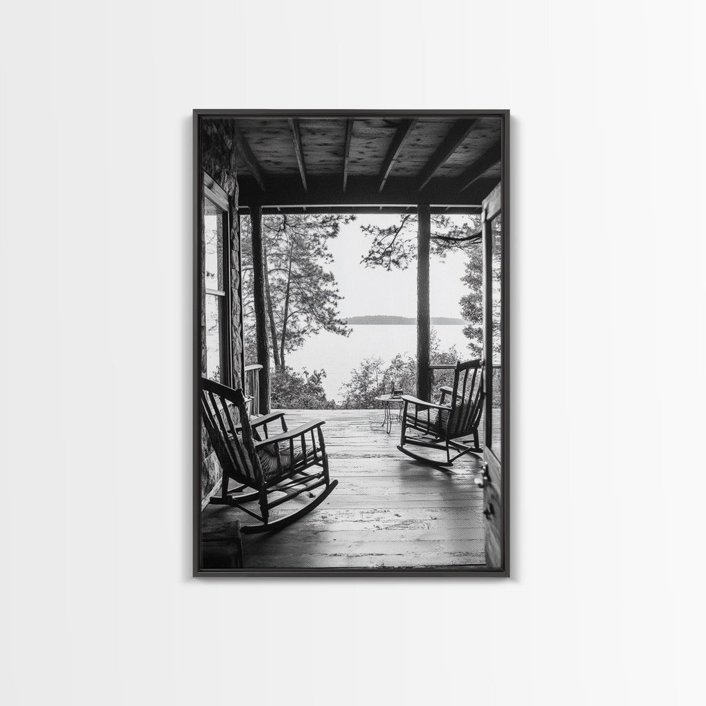 Rustic Porch View, Cabin Serenity, Lakefront Rocking Chairs, Framed Canvas Print, Farmhouse Wall Art, Living Room Decor, Fall Home Style
