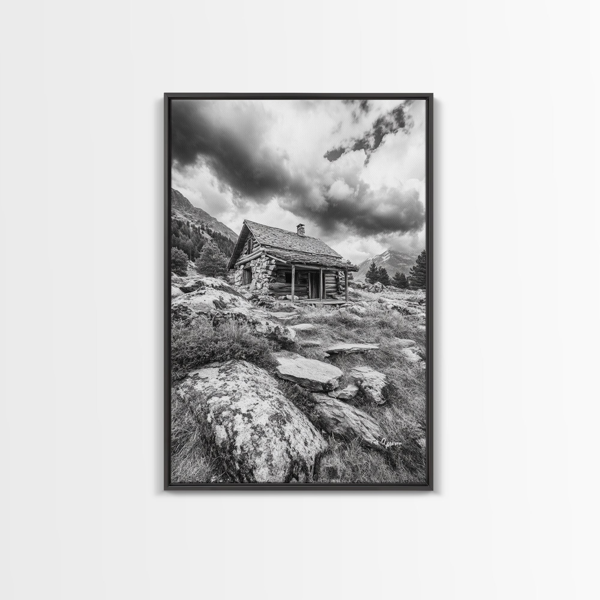 Rustic Cabin, Mountain Hideaway, Stormy Sky, Nature Lodge Decor, Framed Canvas Print, Autumn Vibes, Cozy Wall Art, Rustic Home Style