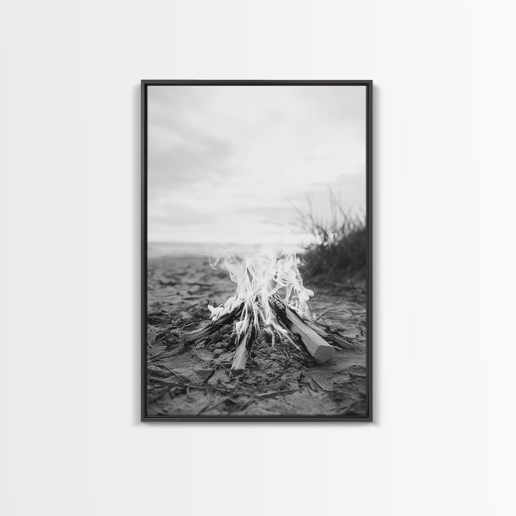 Campfire, Beach, Smoke, Glow - Cozy outdoor scene with flickering flame, Canvas Print, perfect rustic cabin or camping decor, Autumn Wall Art