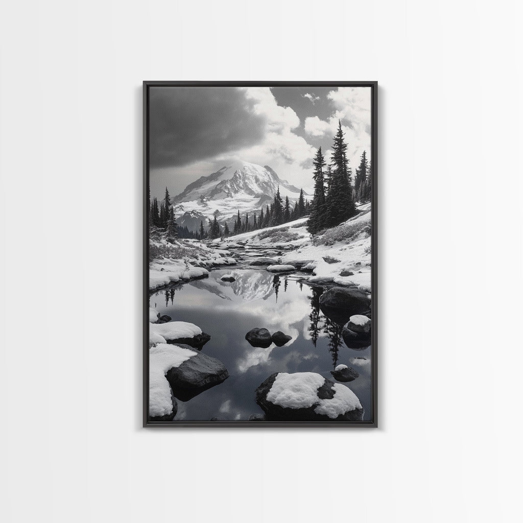 Snowy Mountain, Winter Landscape, Reflection Lake, Canvas Print, Black and White Nature Art, Cabin Wall Art, Adventure Photography