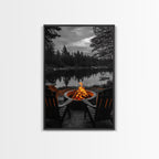 Campfire Chairs Lake, Autumn Firepit Scene, Rustic Retreat, Cabin Escape, Framed Canvas Print, cozy wall art, man cave cabin decor