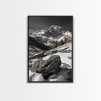Snowy Alpine Scene, Winter Mountainscape, Nature Photography, Framed Canvas Print, Lodge Wall Art, Cabin Decor, Black and White Art