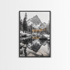 Snow Reflection Forest, Autumn Trees, Serene Mountain River, Framed Canvas Print, Bedroom Wall Art, Peaceful Cabin Scene, Fall Art