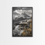 Mountain Escape, Cabin Retreat, Black White Landscape, Framed Canvas Print, Rustic Cabin Art, Bedroom Wall Decor, Nature Lodge Decor