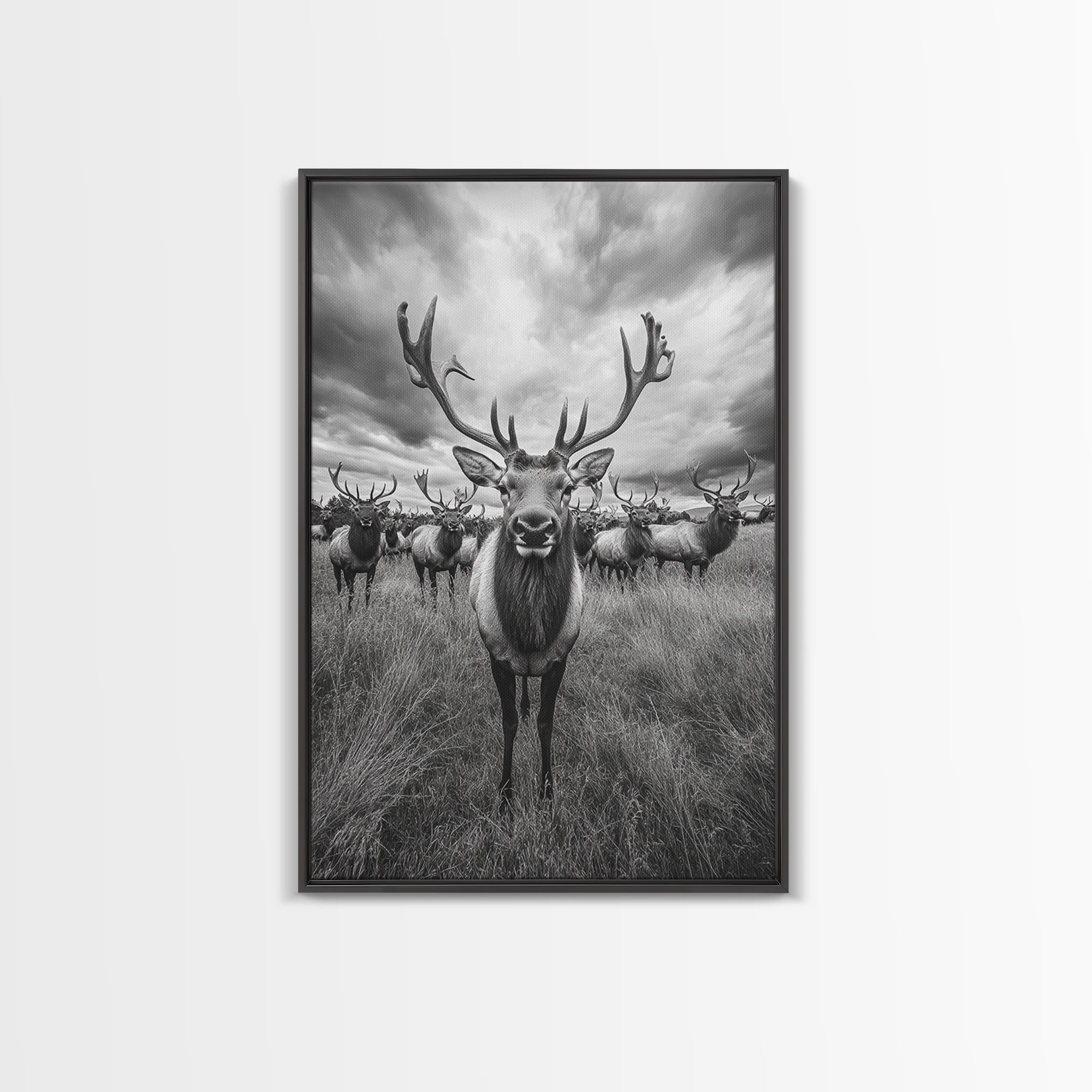Elk in a Field, deer drinking water in forest painting, wildlife painting, rustic decor, cabin art, vintage Christmas, framed canvas print