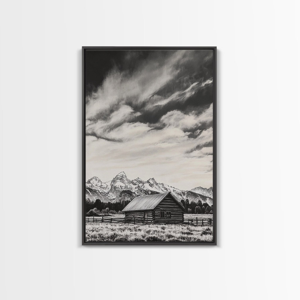 Rustic Cabin, Smoky Mountain Art, Black and White Landscape, Western Wall Art, Wabi Sabi Art, Farmhouse Decor, Canvas Print