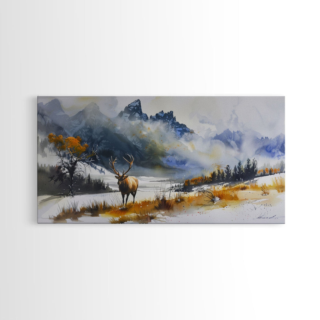 Majestic Elk in Snowy Mountain Scene, Beautiful Framed Canvas Print,for Living Room Art Rustic Bedroom Decor Nature Wall Art, Wildlife Scene