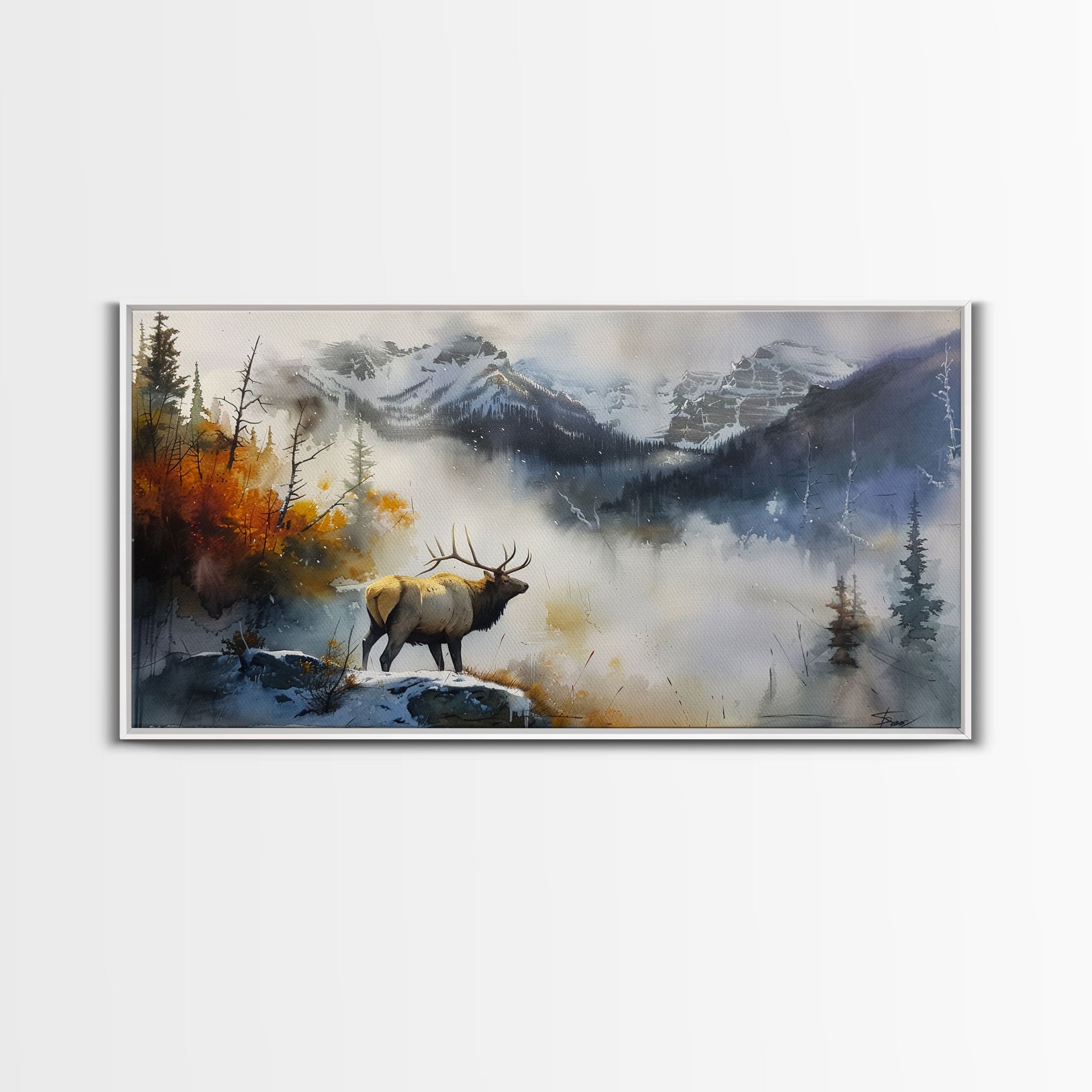 Majestic Elk in Misty Mountains, Framed Canvas Print, Perfect for Living Room Art, Rustic Bedroom Decor, Nature Wall Art, Wildlife Scene