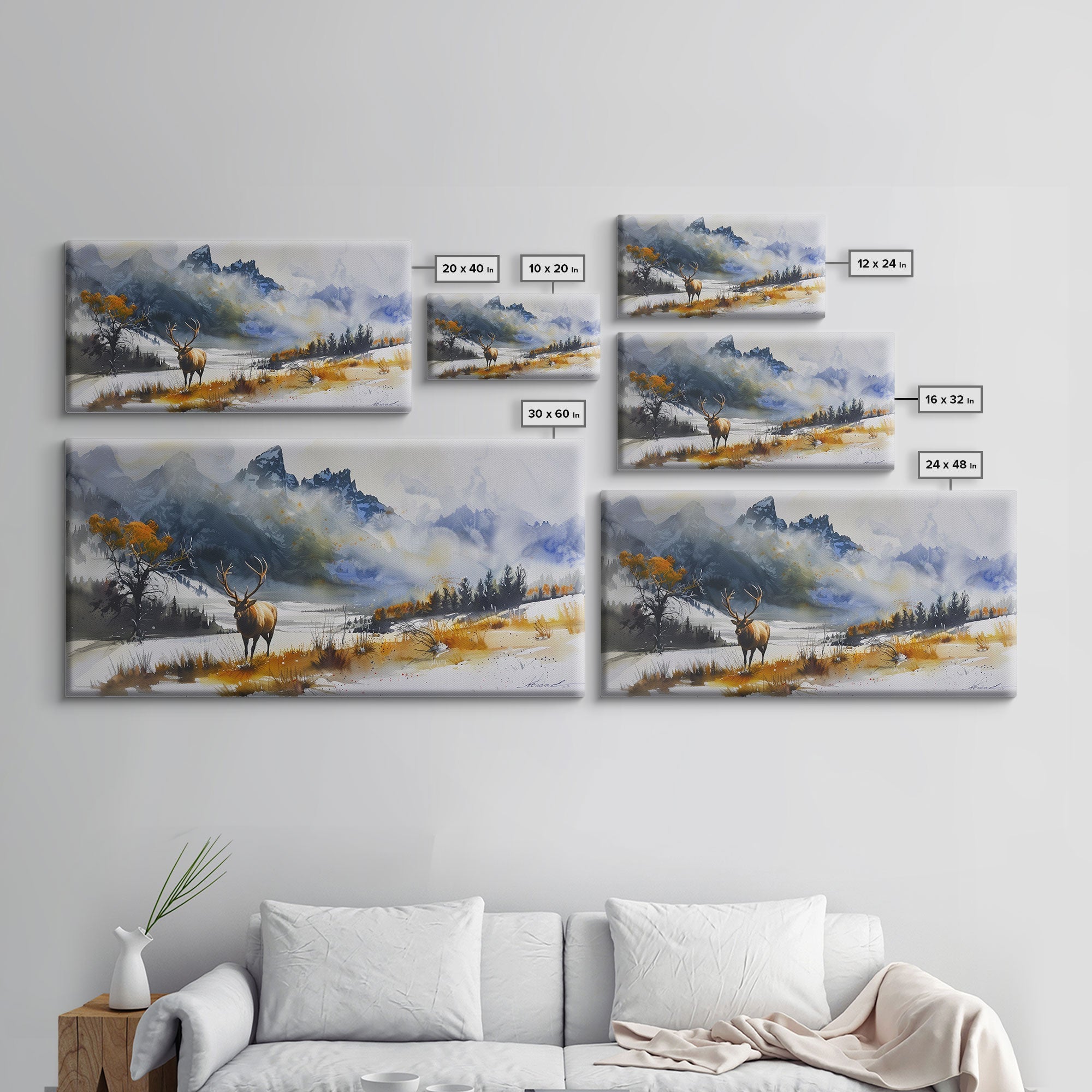 Majestic Elk in Snowy Mountain Scene, Beautiful Framed Canvas Print,for Living Room Art Rustic Bedroom Decor Nature Wall Art, Wildlife Scene