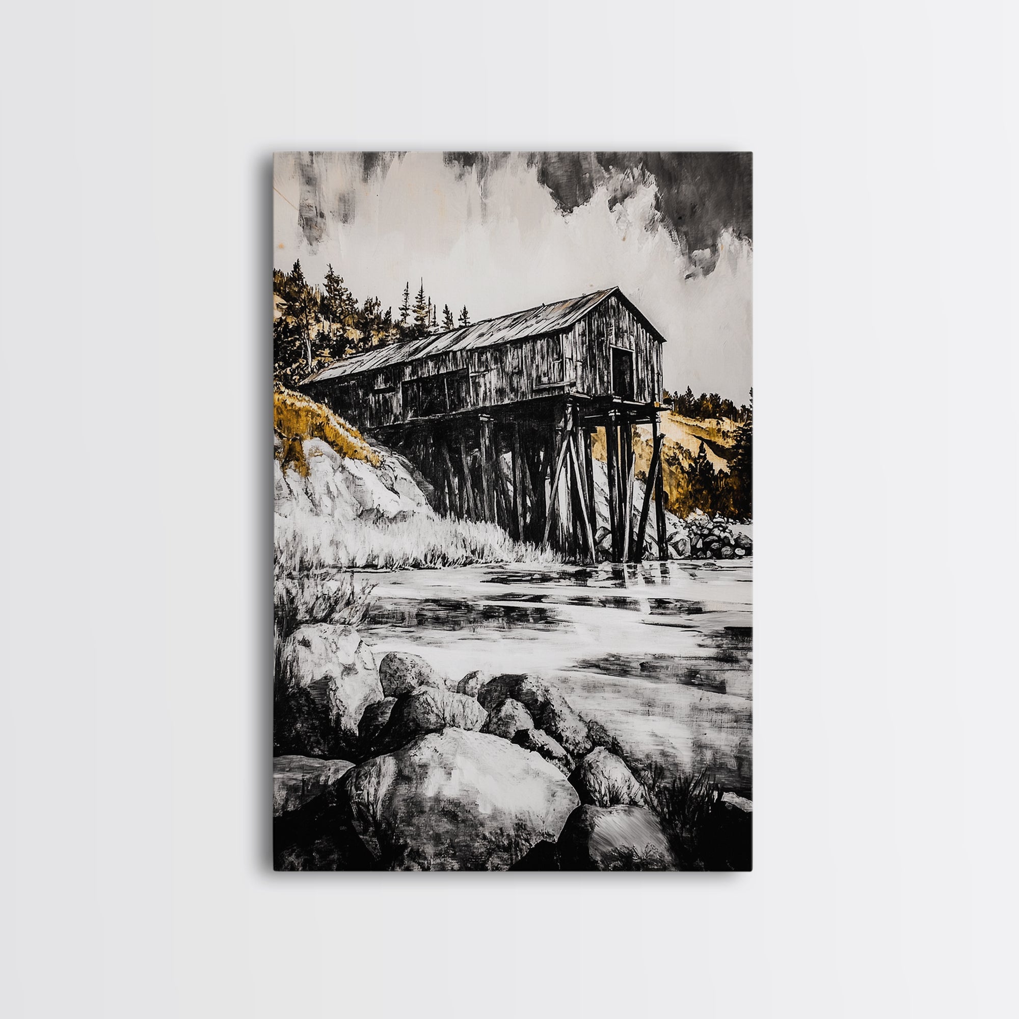 Rustic Barn, Countryside Art, Farmhouse Wall Decor, Vintage Landscape, Black and White Art, Cabin Wall Art, Homestead Vibes, Canvas Print