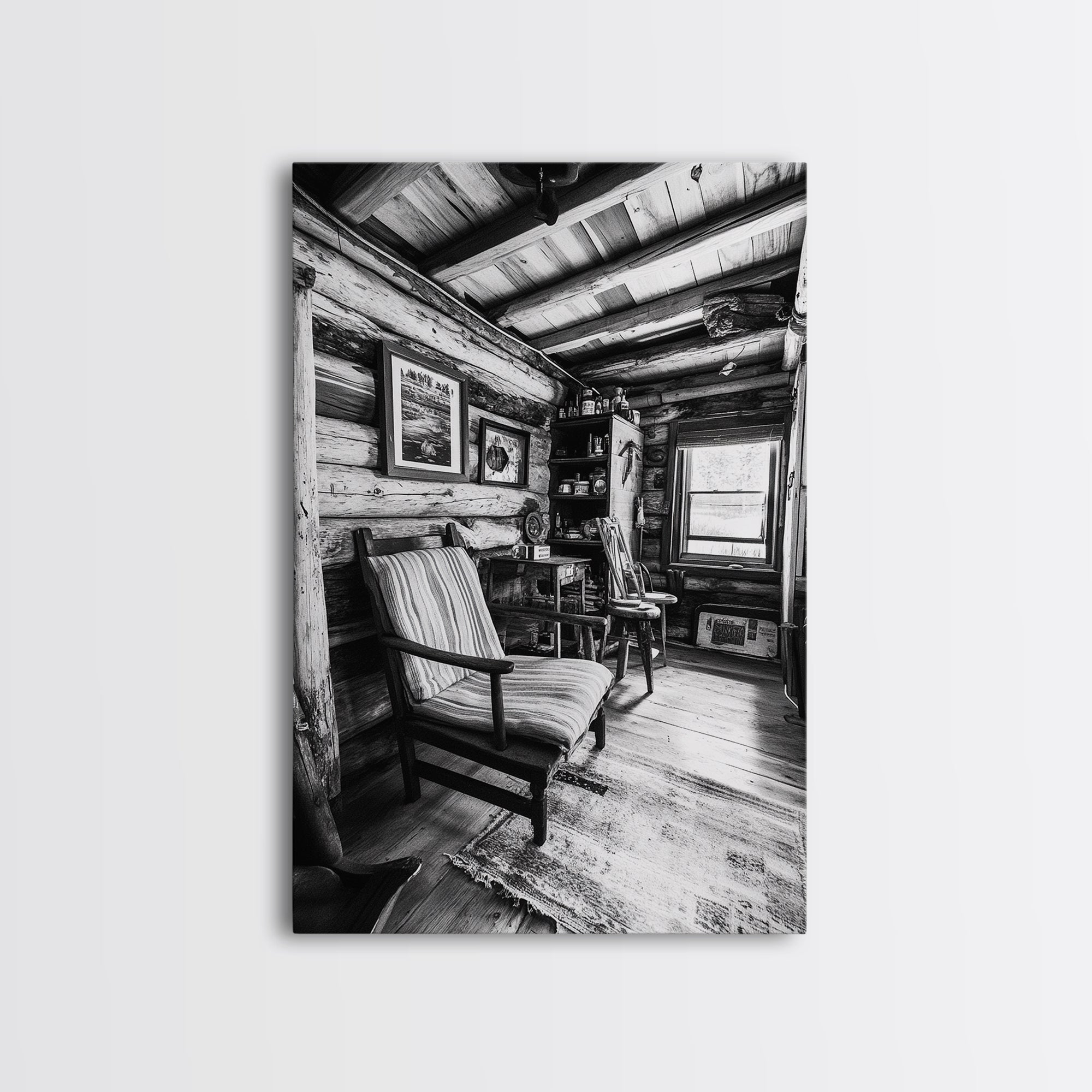 Cabin Interior View, Rustic Living Space, Cozy Homestead Scene, Framed Canvas Print, Farmhouse Wall Art, Country Cottage Decor