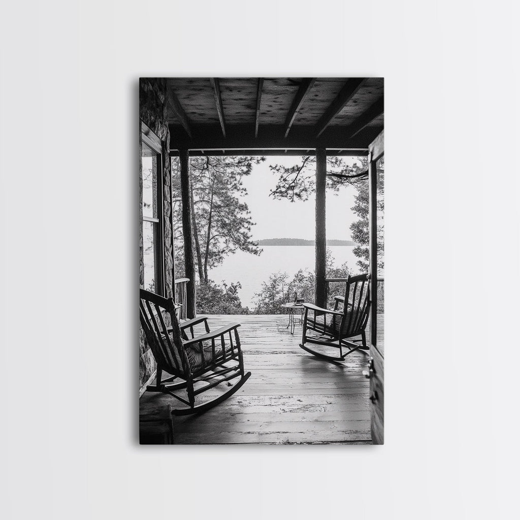 Rustic Porch View, Cabin Serenity, Lakefront Rocking Chairs, Framed Canvas Print, Farmhouse Wall Art, Living Room Decor, Fall Home Style