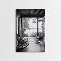 Rustic Porch View, Cabin Serenity, Lakefront Rocking Chairs, Framed Canvas Print, Farmhouse Wall Art, Living Room Decor, Fall Home Style