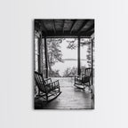 Rustic Porch View, Cabin Serenity, Lakefront Rocking Chairs, Framed Canvas Print, Farmhouse Wall Art, Living Room Decor, Fall Home Style