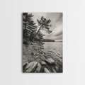 Pine Shoreline Landscape, Calm Water Trees, Autumn Mood, Canvas Print, Rustic Cabin Wall Art, Bedroom Nature Decor, Earthy Photography