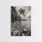 Pine Shoreline Landscape, Calm Water Trees, Autumn Mood, Canvas Print, Rustic Cabin Wall Art, Bedroom Nature Decor, Earthy Photography