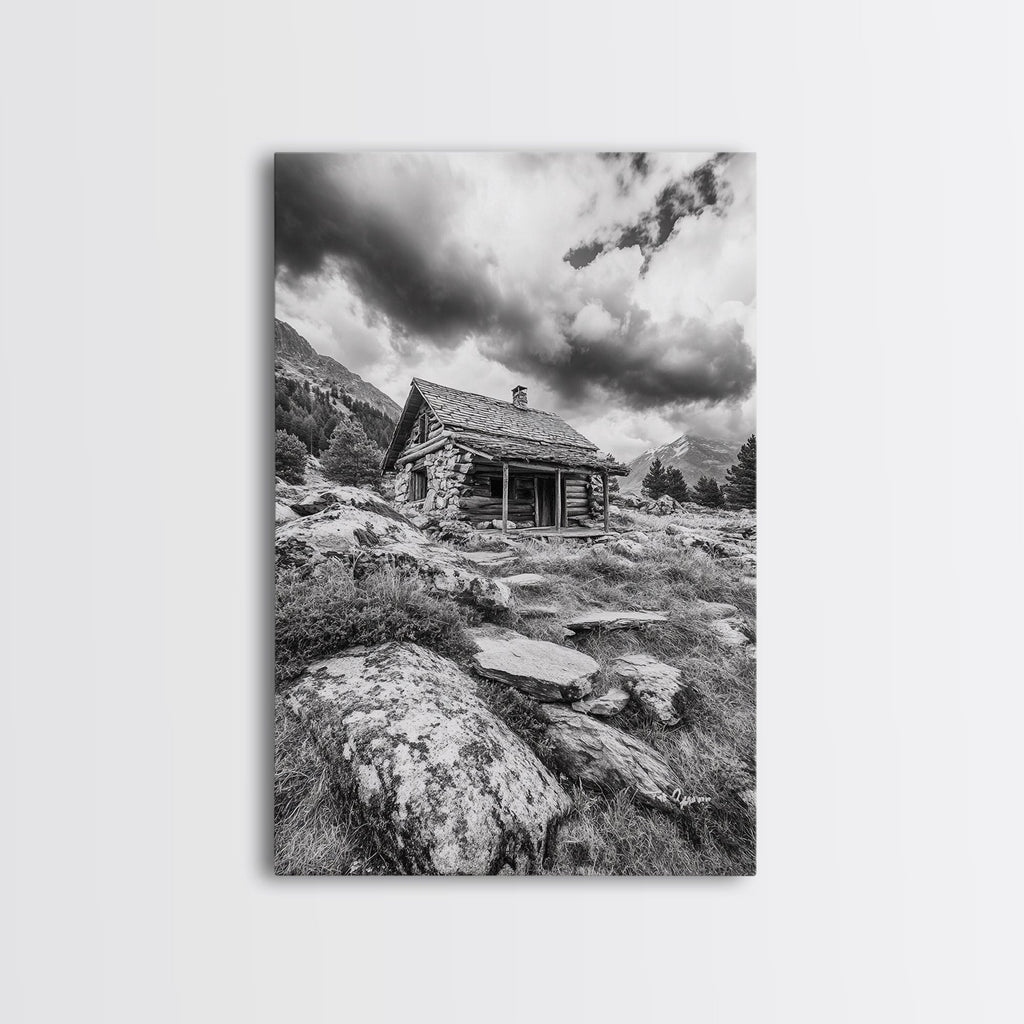 Rustic Cabin, Mountain Hideaway, Stormy Sky, Nature Lodge Decor, Framed Canvas Print, Autumn Vibes, Cozy Wall Art, Rustic Home Style
