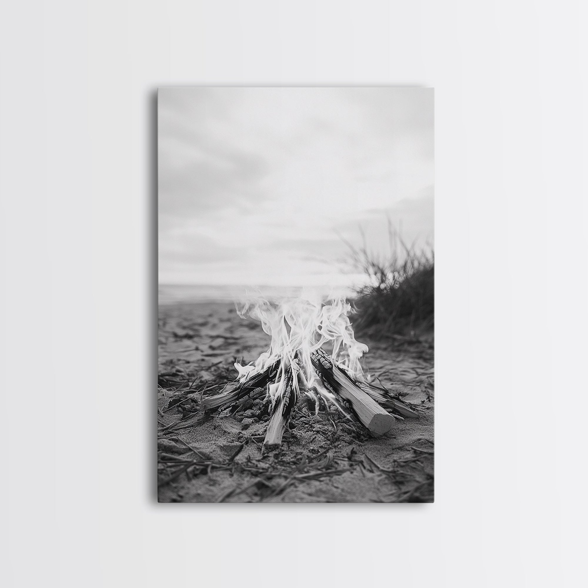 Campfire, Beach, Smoke, Glow - Cozy outdoor scene with flickering flame, Canvas Print, perfect rustic cabin or camping decor, Autumn Wall Art