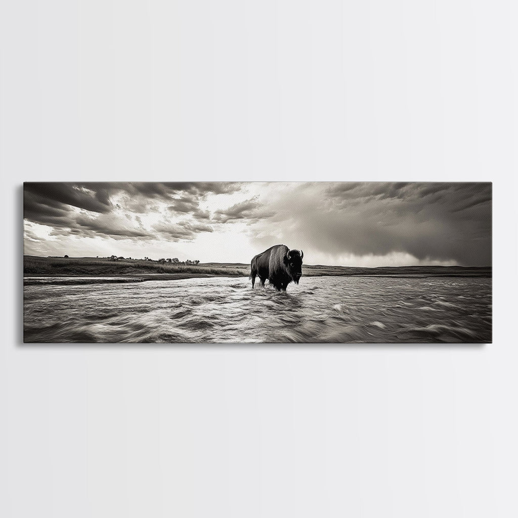 Bison River, Prairie Storm, American West, Framed Canvas Print, Rustic Nature Art, Fall Living Room Decor, Wildlife Photography