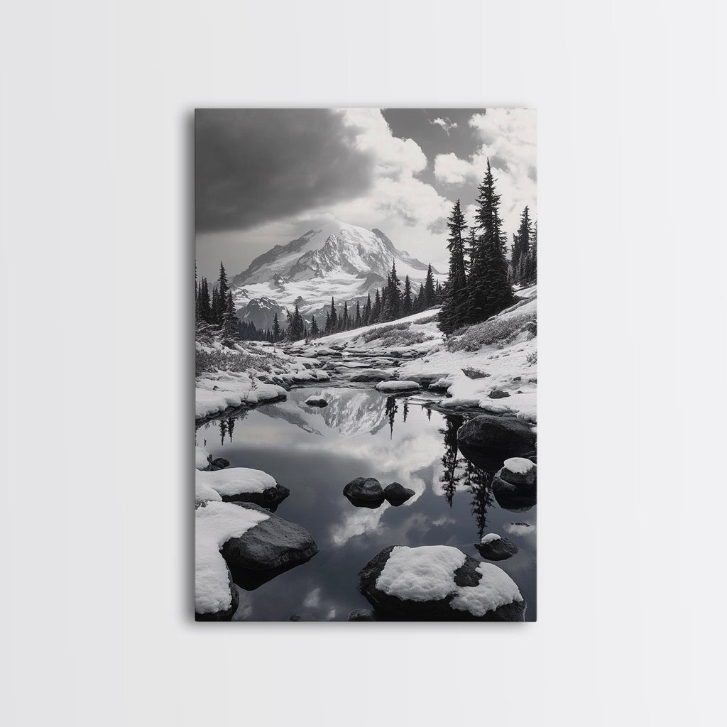 Snowy Mountain, Winter Landscape, Reflection Lake, Canvas Print, Black and White Nature Art, Cabin Wall Art, Adventure Photography