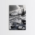 Snowy Mountain, Winter Landscape, Reflection Lake, Canvas Print, Black and White Nature Art, Cabin Wall Art, Adventure Photography