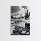 Snowy Mountain, Winter Landscape, Reflection Lake, Canvas Print, Black and White Nature Art, Cabin Wall Art, Adventure Photography