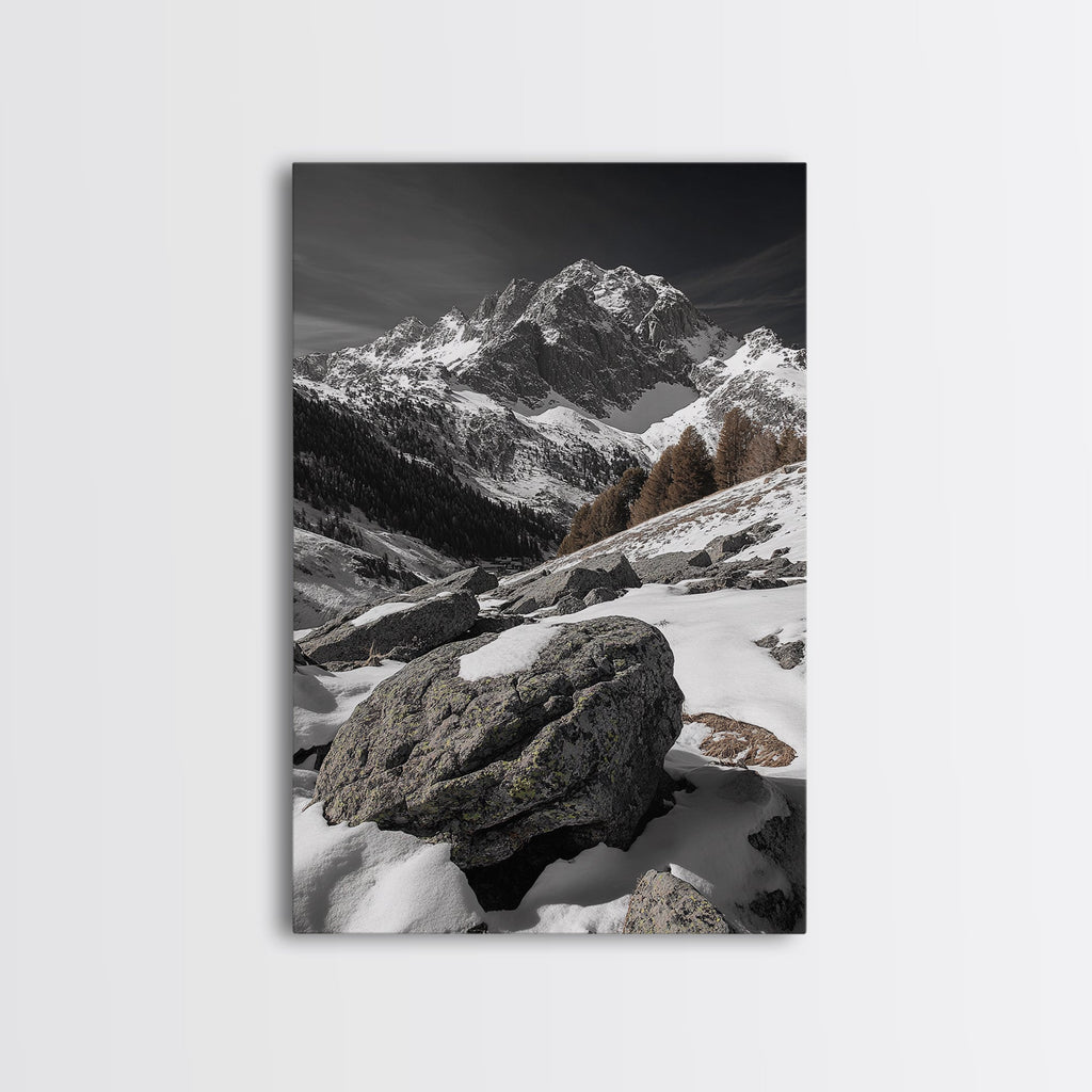 Snowy Alpine Scene, Winter Mountainscape, Nature Photography, Framed Canvas Print, Lodge Wall Art, Cabin Decor, Black and White Art